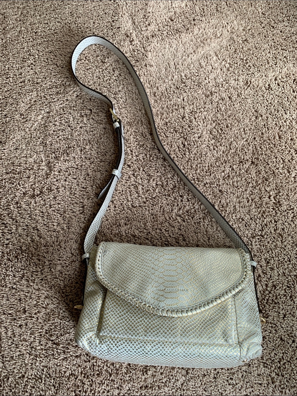 Women's Aimee Kestenberg cream/gold snake finish leather crossbody bag